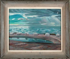 Image of Untitled (causeway in winter, shacks, water)