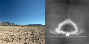 Image of Trinity Equivalent [Trinity atomic bomb test site with obelisk, White Sands Missile Range, New Mexico | No. TR-145, 0-5 Sec N, 5 second exposure of Trinity explosion, J10F-17923 Brixner, Trinity Archive, 1945-46]